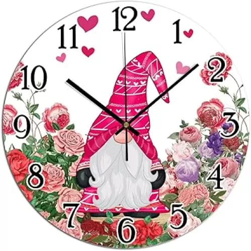 Art Clock Valentine's Day Gnome Floral Love Decorations Clocks Pink and Red Rose Flower Heart Gnome PVC Clocks Heart-Shaped Outline Valentine Art Clock Silent Non-Ticking Clocks