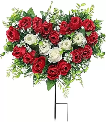 Artificial Cemetery Flowers for Grave, Grave Memorial Flowers with Ground Spike, Heart Shaped Wreaths Rose Flowers for Artificial Rose Decorations for Cemetery Headstones Gravesites