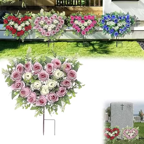 Artificial Cemetery Flowers, Grave Memorial Flowers with Ground Spikes, Heart Shaped Wreaths Rose Flower, Rose Flowers for Artificial Rose Decoration for Cemetery Headstones Gravesites (Purple)