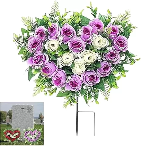 Artificial Cemetery Flowers Sets, Wedding Flowers Silk Flowers Artificial Roses Heart Bouquet with Long Spikefor Heart Shaped Wreaths Rose Flowers for Cemetery Headstones Gravesites (Purple 60cm)