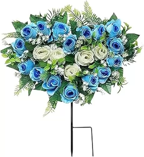 Artificial Cemetery Flowers Wedding Flowers Artificial Roses Heart Bouquet with Long Spike, Heart Shaped Wreaths Rose Flowers, Grave Memorial Flowers, for Cemetery Headstones Gravesites (Blue)