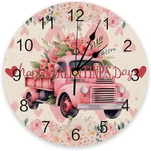 Artwork Store Wall Clock 10 Inch Silent Non-Ticking Valentine's Day Heart Shape Rose Truck Pink Wall Clocks Battery Operated-Elegant Clock for Office, Home, Bathroom, Kitchen, Bedroom, School, Living Room