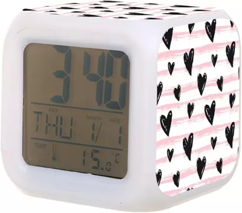 Battery Operated Digital Alarm Clock Kids Clock, Cute Hearts On Pink Striped 7 Color Changing LED Wake Up Clock Bedside Alarm Clock for Home Office Decor