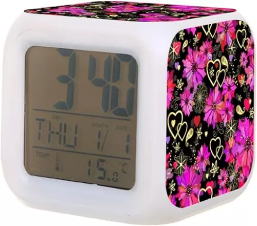 Battery Operated Digital Alarm Clock Kids Clock, Pink Flowers and Hearts 7 Color Changing LED Wake Up Clock Bedside Alarm Clock for Home Office Decor