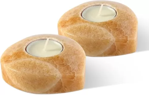 BCS Tealight Stone Candle Holder, Onyx Votive Candle Holders, Heart Shape Marble Candle Stand for Wedding, Party & Dining Table Decor, Decorative Centerpiece, Coffee Table Decor (Orange, 2 Pack)