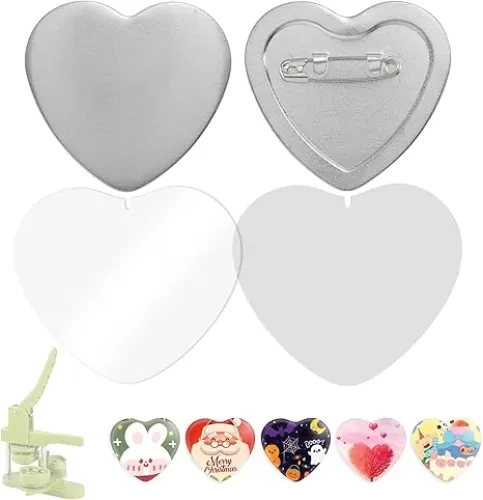 BEAMNOVA 100 Sets of Heart Button Maker Supplies Metal Button Parts for Pin Making Machine Heart-Shaped Bottom Pin Set, Every Set Includes Top, Clip Bottom & Plastic Film