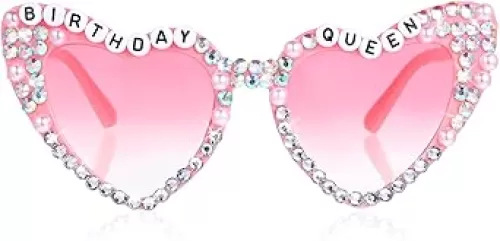 Birthday Queen Sunglasses, Pink Heart Birthday Pearl Glasses for Women, Shiny Rhinestone Heart Shaped Sun Glasses for Birth Day Party Favors Birth Day Decorations