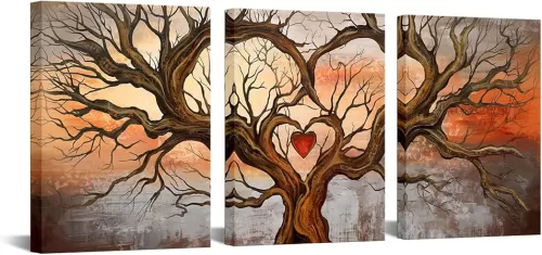 Biuteawal Tree Canvas Wall Art 3pcs Grey and Red Tree of Life Painting Abstract Heart Shape Landscape Picture Canvas Prints Home Decor