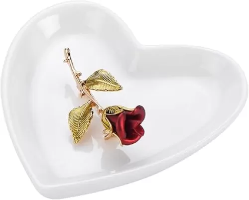 Blank Engagement Wedding Ring Dish for Newlyweds, Heart Shaped Home Decor, Ceramic Jewelry Holder Trays-Sweet Gift for Women, NO ROSE, White.