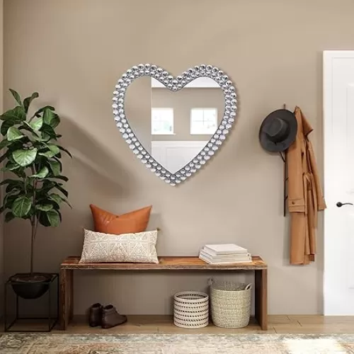BST Furnishings Heart Shaped Mirror - 24 Inch Decorative Wall Mirror with Crystal Framed Heart