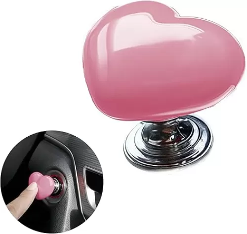 Car One-Touch Start Button with Push-to-Start Rocker Lever, Engine Start/Stop Joystick, and Full Metal Ball-bar Starter Cover for Decorative Accessories (Metal Heart - Pink)