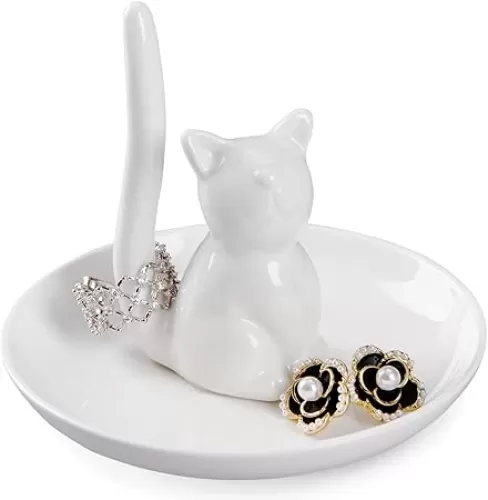 Cat Lover Ring Trinket Dish - Engagement Wedding Ring Holder, Funny Themed Gifts for Women, Cat Lady Mom, Friends - Birthday, Xmas, Valentine's