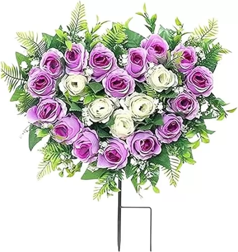 Cemetery Flowers for Grave, 24inch Grave Memorial Flowers with Ground Spike, Patriotic Headstone Flower Saddle Flower, Heart Shaped Cemetery Flower Wreaths for Grave Decorations