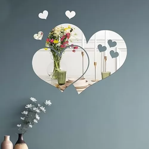 CEYAZYE Wall Mirror Tiles, Love Heart Shape Self Adhesive Acrylic Mirror Cute Room Wall Decor Y2k Aesthetic Living Room Bedroom Decor (Silver)