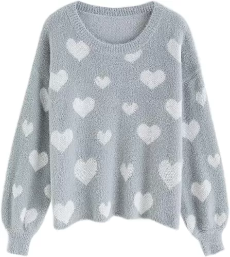 CHICWISH Women's Comfy Casual Fuzzy Contrast Heart Knit Sweater Pullover Sweatershirt