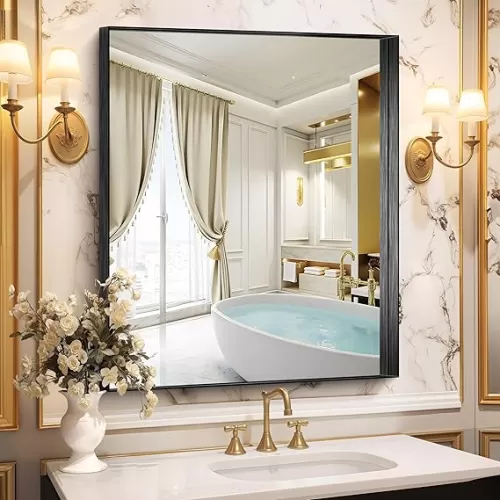 CIRCUMI Black Bathroom Mirror, 30"x36" Rectangular Mirror with Deep Metal Frame, Brushed Finish, Tempered Glass, Mirror for Wall, Oversink, Bedroom, Installed Vertically/Horizontally, Crystal-Clear