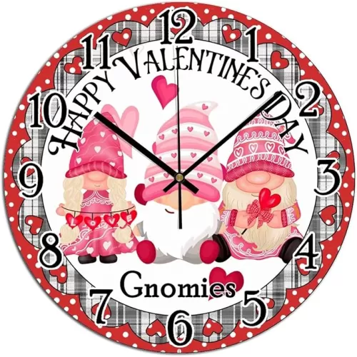 Clock for Wall Happy Valentine's Day Gnomies Clocks for Wall Red Heart Wreath Pink Gnome Family PVC Clock Heart-Shaped Outline Valentine Art Clock Silent Non-Ticking Battery Clocks