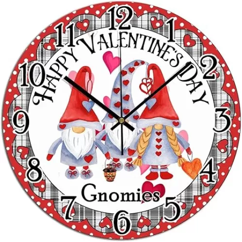 Clock for Wall Happy Valentine's Day Gnomies Wall Clocks Red Heart Wreath Pink Gnome Family PVC Art Clocks Heart-Shaped Outline Valentine Art Clock Silent Non-Ticking Battery Clocks