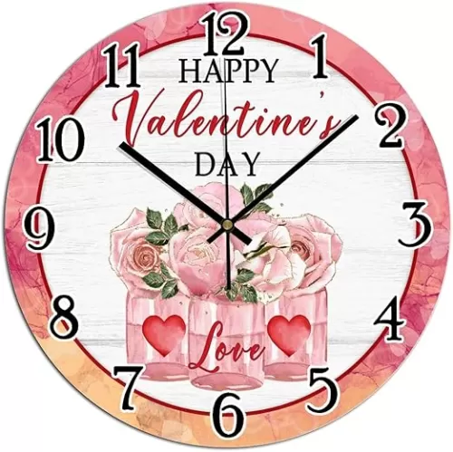 Clock for Wall Rose Flowers Bouquet Red Love Hanging Wall Clocks Valentines Day Watercolor Pink PVC Clocks Heart-Shaped Outline Valentine Art Clock Silent Non-Ticking Battery Clocks