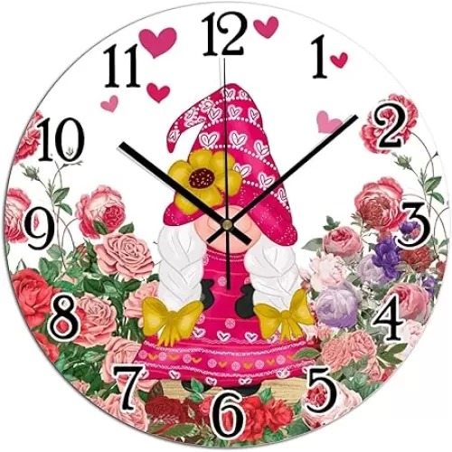 Clock for Wall Valentine's Day Gnome Floral Love Clocks Pink and Red Rose Flower Heart Gnome PVC Home Wall Clocks Heart-Shaped Outline Valentine Art Clock Silent Non-Ticking Clocks