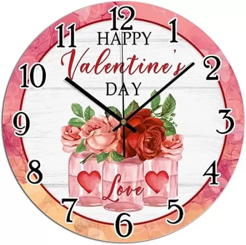 Clock Rose Flowers Bouquet Red Love Home Decorations Clocks Valentines Day Watercolor Pink PVC Wall Clock Heart-Shaped Outline Valentine Art Clock Silent Non-Ticking Battery Clocks