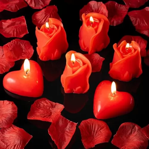 CNhoqc Rose Tea Lights Candles - Valentine’s Day Unscented Romantic Red Rose & Heart Mini Candle Artificial Flower Petals Love Cute Tealight Wedding Lover’s Birthday Candlelight Dinner Table Decor