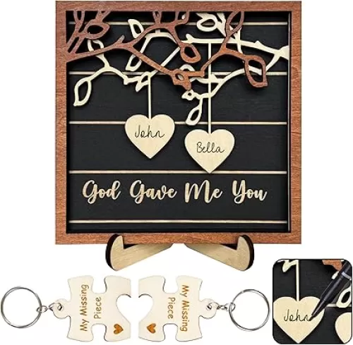 Couple Frame Romantic Valentine Gifts with Puzzle Keychains for Him Her Heart Sign Wood Plaques Wall Art Wedding Anniversary Birthday Gift for Women Wife Husband Boyfriends Girlfriends HU-FR02