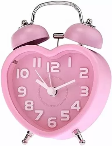 Cute Mini Double-Bell Alarm Clock with Night Light, Heart-Shaped Quartz Kids Clock, Pink, Battery Operated