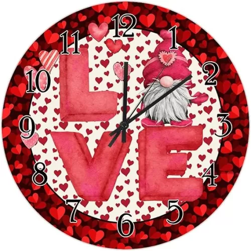 Decorative Wall Clock Valentine's Day Love Gnome Clock Red Pink Dot Stripes Heart Wreath Wooden Clocks Heart-Shaped Outline Valentine Battery Wood Clocks 10inch Birthday Gift to Women