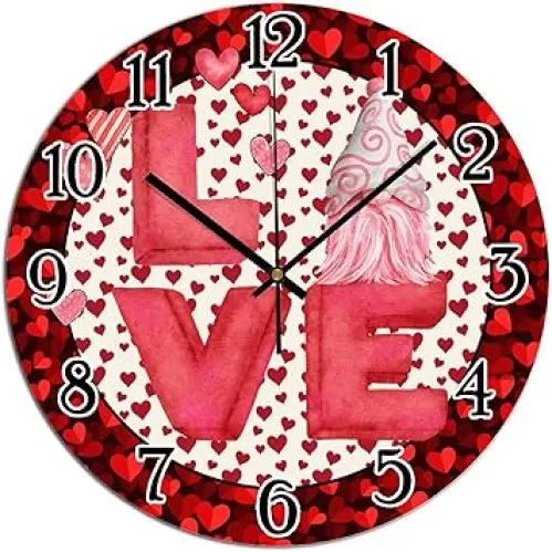 Decorative Wall Clock Valentine's Day Love Gnome Wall Clocks Red Pink Dot Stripes Heart Wreath PVC Wall Clocks Heart-Shaped Outline Valentine Art Clock Silent Non-Ticking Battery Clocks