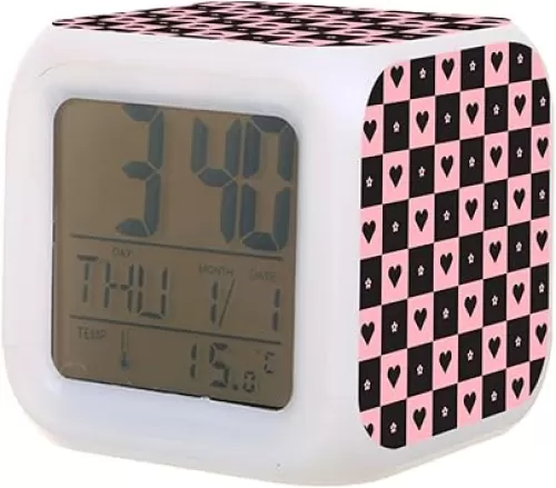 Digital Alarm Clock, Pink and Black Plaid Heart 7 Colors Change LED Night Light Kids Alarm Clock Glowing Wake Up Clock for Bedroom Office