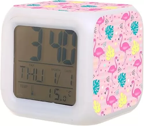 Digital Alarm Clock, Pink Flamingo with Dots and Hearts 7 Colors Change LED Night Light Kids Alarm Clock Glowing Wake Up Clock for Bedroom Office