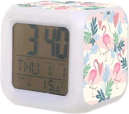 Digital Alarm Clock, Pink Flamingos with Hearts 7 Colors Change LED Night Light Kids Alarm Clock Glowing Wake Up Clock for Bedroom Office