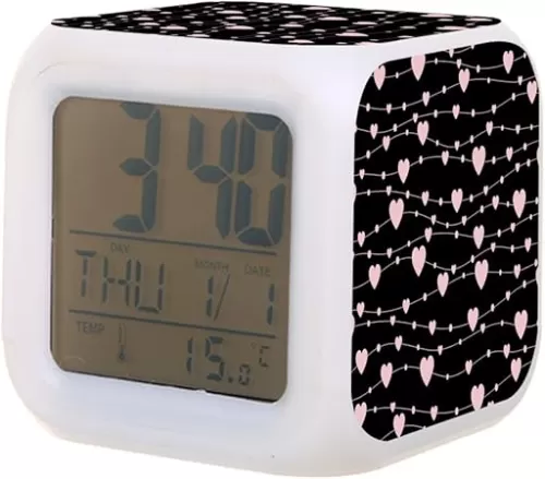 Digital Alarm Clock, Pink Hearts 7 Color Change LED Digital Alarm Clock with Date Thermometer for Toddlers, Girls and Boys