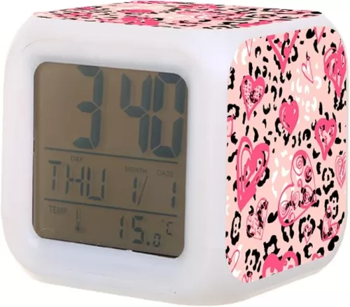 Digital Alarm Clock, Pink Hearts On Leopard 7 Colors Change LED Night Light Kids Alarm Clock Glowing Wake Up Clock for Bedroom Office