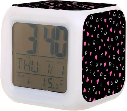 Digital Alarm Clock, Purple and Pink Hearts Pattern 7 Colors Change LED Night Light Kids Alarm Clock Glowing Wake Up Clock for Bedroom Office