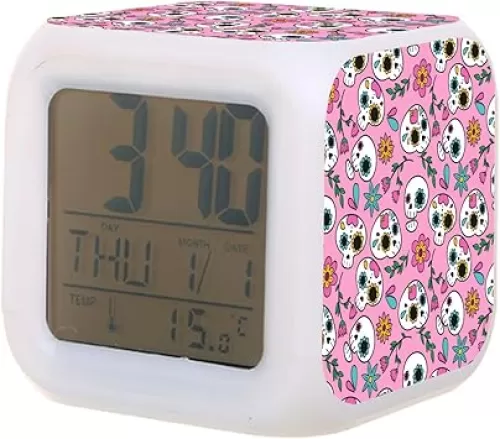 Digital Alarm Clock, Sugar Skulls, Hearts and Florals On Pink 7 Colors Change LED Night Light Kids Alarm Clock Glowing Wake Up Clock for Bedroom Office