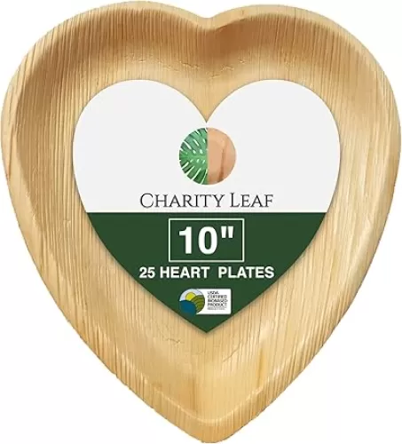 Disposable Palm Leaf 10" Heart Plates (25 pieces) Bamboo Like Serving Platters, Disposable Boards, Eco-Friendly Dinnerware For Weddings, Catering, Events