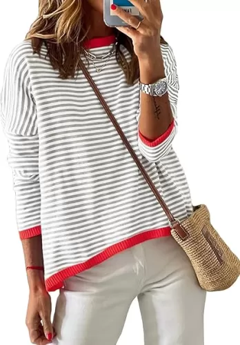Dokotoo Long Sleeve Shirts for Women Casual Spring Crewneck Striped Color Block Shirt High Low Pullover Sweater Tops