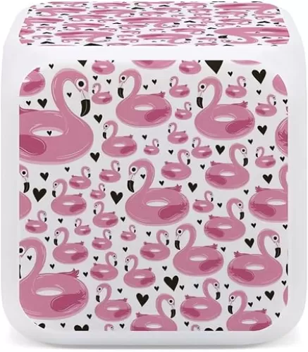 Donnapink Seamless Pink Inflatable Flamingos and Black Hearts on White Mini Digital Alarm Clocks, Wake Up Bedside Clock, LED Night Glowing Cube Clock Desk Table Clock with Data and Temperature Gift