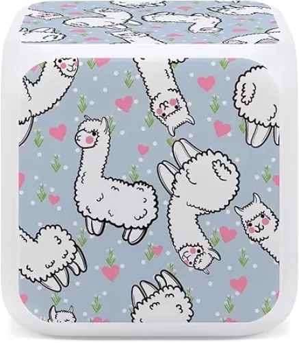Donnapink White Alpaca and Pink Hearts Floral Japanese Anime Style Mini Digital Alarm Clocks, Wake Up Bedside Clock, LED Night Glowing Cube Clock Desk Table Clock with Data and Temperature Gift