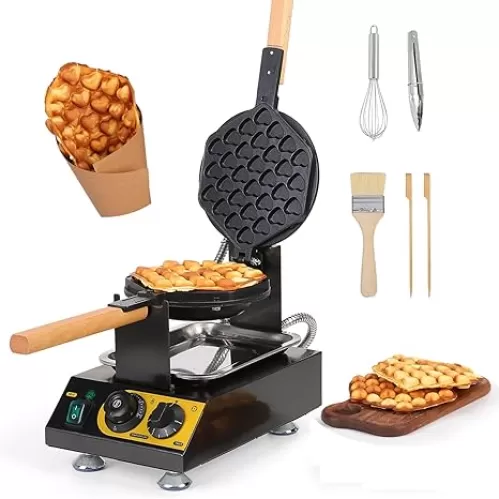 Dyna-Living Commercial Heart Shape Bubble Waffle Maker, 1400W Non-stick Egg Waffle Machine with Crumb Tray, 30 Egg Cones, 180 Rotating