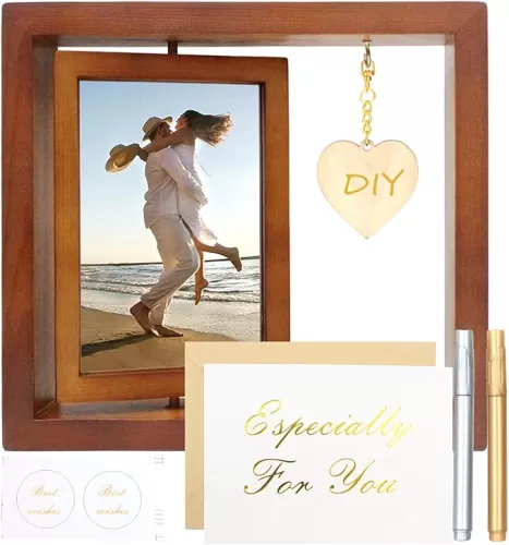 E-Bro Rotating Floating 4x6 Rustic Wood Picture Frame with DIY Heart-Shaped Pendant - Romantic Wedding Gifts for Couples, Unique Engagement Gift (Brown)