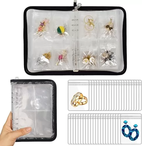 Earring Organizer Case Travel Jewelry Organizer Transparent Jewelry Storage Book for Necklace Bracelet Ring Holder with Small Clear Zippered Pouch