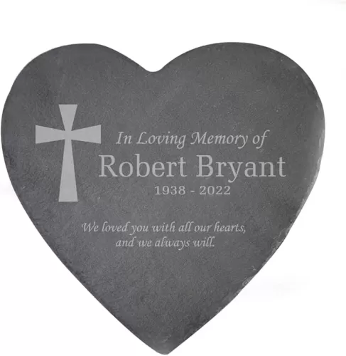 Engraved in Loving Memory Cross Personalized Memorial Garden Stone, 10" Tall, Headstone, Temporary Grave Marker, Sympathy Gift, Heart-Shaped Slate