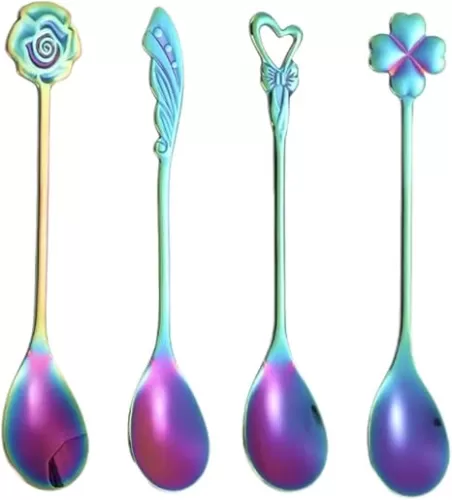 Falytemow 304 Stainless Steel Spoon Set of Heart Wing Roses Four Leaf Clover Style for Coffee Tea Dessert Drink Mixing Milkshake Spoon Tableware