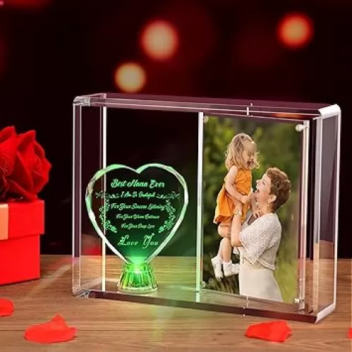 Forwe Gifts for Nana from Grandkids, Double Sided Rotating Picture Frame 4x6 with LED Heart Crystal, Nana Birthday Mothers Day Gifts