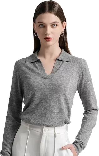 GreenMount Womens Super Lightweight Worsted Deep V-Polo Cashmere Sweater Pullover for Spring and Summer Keep 37.5 Warm