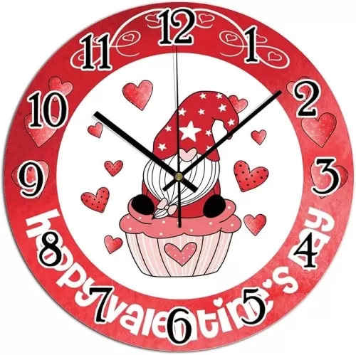 Happy Valentine's Day Gnome Wall Clock Red Heart Wreath Pink Gnome PVC Wall Clock Heart-Shaped Outline Valentine Round Wall Clock Battery Operated Silent Wall Clocks 10x10in