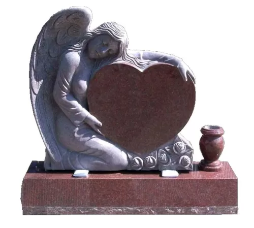 Headstone - cemetery angel heart monument- large India Red granite upright - 3-D carved angel holding a heart- engraving included- multiple designs -vase available to add.
